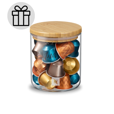 Įsigykite 300 Original kavos kapsulių rinkinį ir gaukite dovaną - stiklinį Nespresso indą