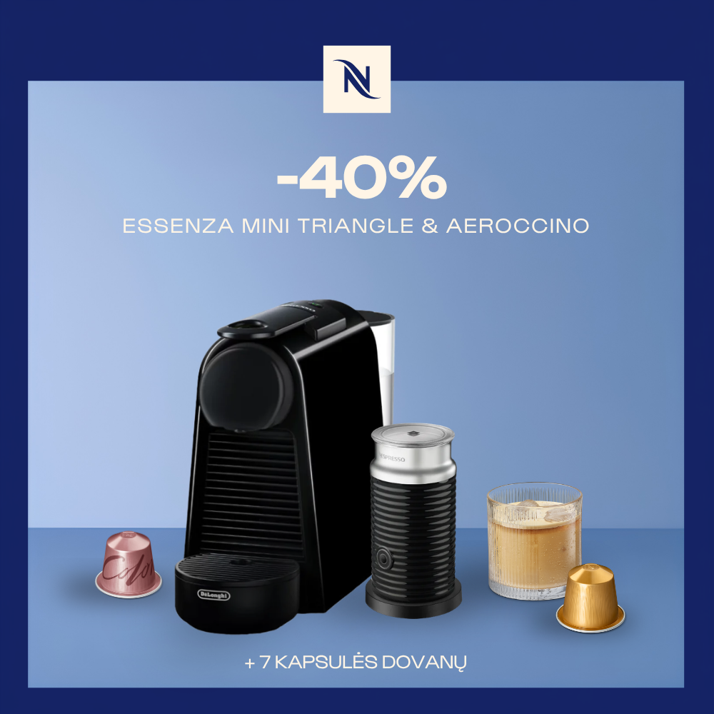 -40% KAVOS APARATUI ESSENZA MINI TRIANGLE & AEROCCINO, PERKANT 150 ORIGINAL KAPSULIŲ + DEGUSTACINIS RINKINYS DOVANŲ